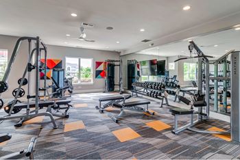 a gym with weights and cardio equipment in a room with windows